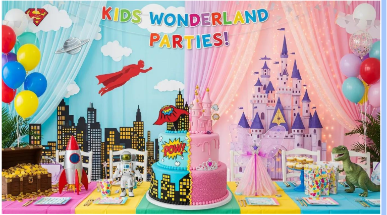Colorful birthday party setup at Kids Wonderland, featuring themed decorations, cakes, and party supplies for kids in McAllen.
