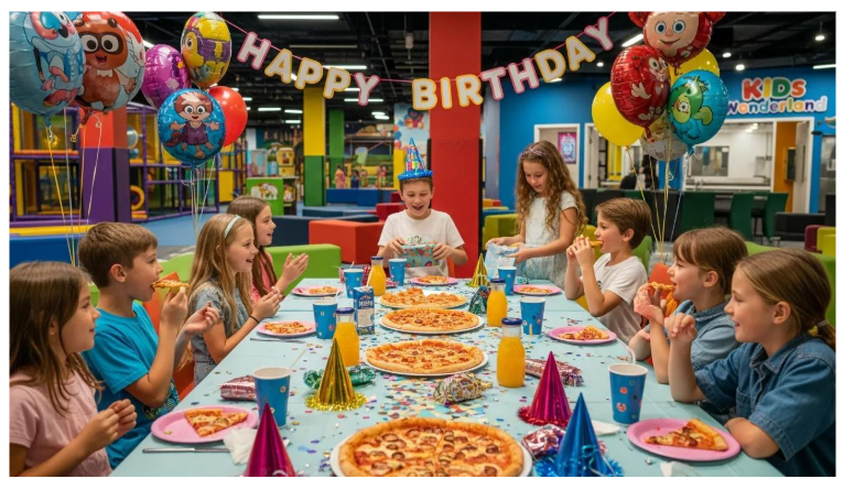 Children celebrating a birthday at Kids Wonderland McAllen, surrounded by pizza, drinks, and colorful decorations.