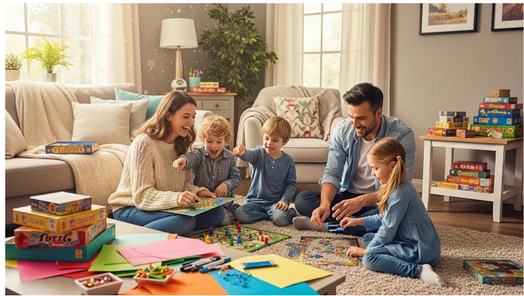 Family enjoying board games together in a cozy living room, perfect for indoor fun and bonding.