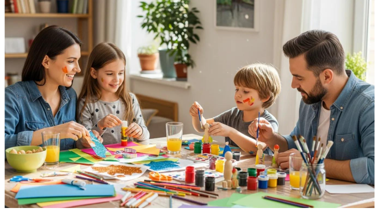 Family engaging in creative arts and crafts, enhancing bonding and teamwork at Kids Wonderland indoor playground in McAllen.