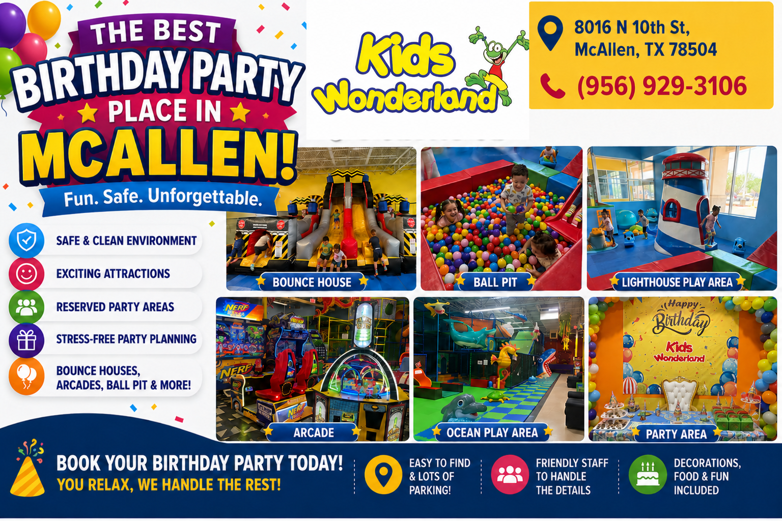 Colorful birthday party promotion for Kids Wonderland, featuring playful attractions like a ball pit, bounce house, and arcade games in McAllen.